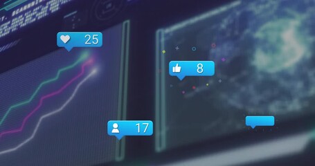 Social media notification icons floating over rising graphs as space nebula swirling behind panels - Powered by Adobe