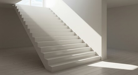 Fototapeta premium Sunlight streams down a set of stairs, creating a striking contrast in a minimalist architectural setting, emphasizing the peaceful ambiance of the interior space. 3d render