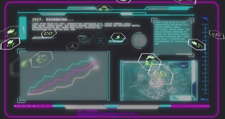 Futuristic HUD interface showing scanning status, neon grid graph trends and floating hex icons - Powered by Adobe