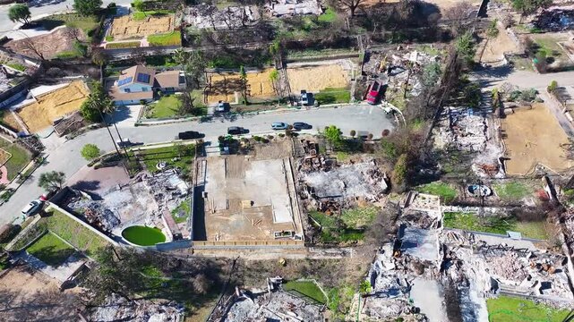 Aerial footage of homes destroyed in the wildfires in Altadena California USA