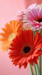 Gerbera Daisy Flower Heads Grouped on Pink Backdrop, Vivid Colors and Soft Lighting