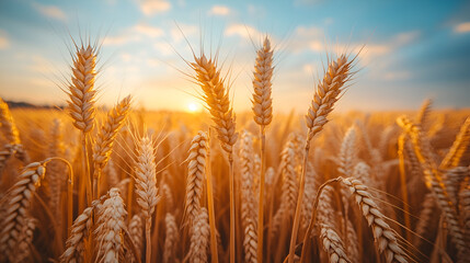 Golden wheat fields basking under the warm sunlight, with tall stalks gently swaying in the breeze. The vibrant yellow hues create a peaceful, rural landscape, perfect for agriculture-themed imagery.