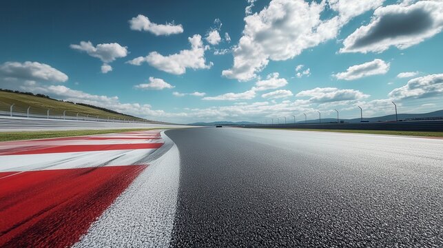 Race track asphalt road curving with red and white lines under a sunny sky.