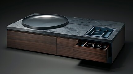 Luxurious modern coffee table with marble top and wooden drawers, dark ambience