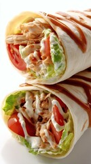 Stacked Wraps with Chicken, Tomato, Lettuce and Sauces on a White Background
