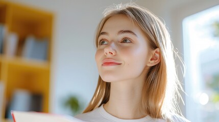 Young Woman with Light Hair Holding a Book and Looking Thoughtful