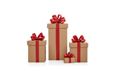 Fototapeta premium Four Brown Gift Boxes with Red Ribbons Isolated on White
