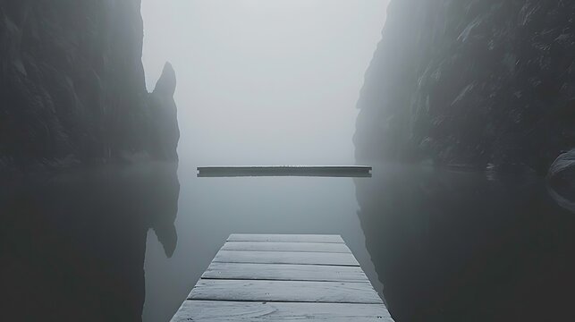 Misty Lake Enshrouded by Cliffs, A Tranquil Retreat into Nature's Embrace