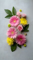 Bright Floral Assortment Pink Gerberas, Yellow Chrysanthemums, and Roses Still Life