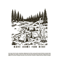 Obraz premium Vintage retro hand drawn camping site vector in the middle of the forest and river vector