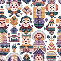 Whimsical Pixel Art Clown Seamless Pattern with Geometric Shapes