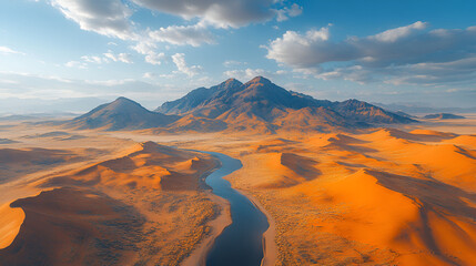 Naklejka premium A captivating drone shot of a desert oasis, vibrant greenery surrounded by vast golden sands, reflecting the contrast of nature, leaving copy space for text or desert-themed design. 