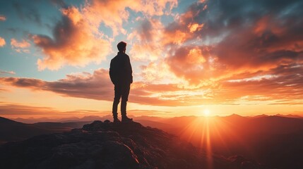Silhouette of a man standing on a mountain top during a vibrant sunset.