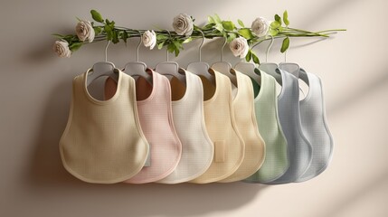 Organic baby bibs hanging neatly with floral accents for a clean and fresh look in a nursery setting