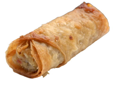 Crispy golden-brown deep-fried spring roll isolated on transparent background.
