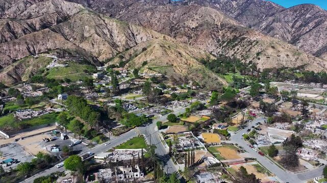 Aerial footage of homes destroyed in the wildfires in Altadena California USA