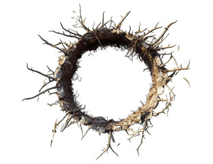 Fototapeta premium circular hollow space surrounded by jagged roots and dirt resembling a natural nest or burrow it suggests themes of nature decay and the cycle of life