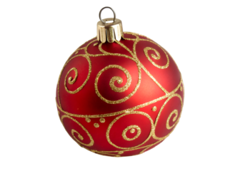 Elegant red Christmas ornament ball with gold swirling pattern and metallic top hook for holiday decoration, isolated on transparent background
