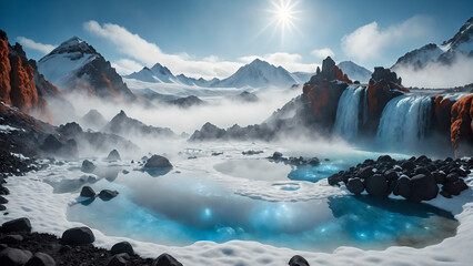 Obraz premium Frozen Lake Surrounded by Snowy Mountains