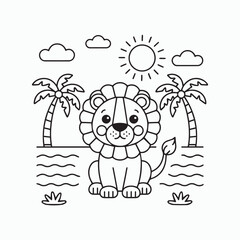 Cute Lion Coloring Page – Beach Cartoon Scene for Kids. summer vacation vector illustration