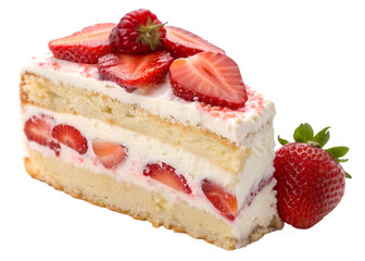 Slice of strawberry shortcake with fresh cream, fluffy sponge layers, and whole strawberry topping
