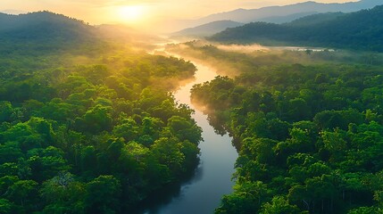 Fototapeta premium Lush green forest meets a river at sunrise