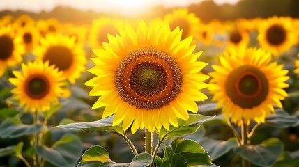 Obraz premium Sunflowers Field Sunset Summer Golden - • Golden hour photography