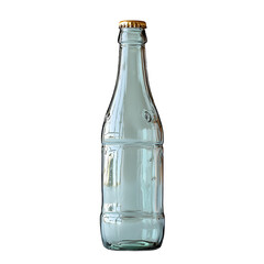 A smooth minimalist glass bottle with a simple design placed in the center of a clean white studio backdrop