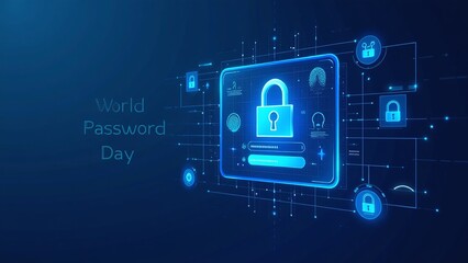 Fototapeta premium Cyber security awareness World Password Day banner with glowing blue padlock icon on digital circuit board background for marketing campaigns and website hero images