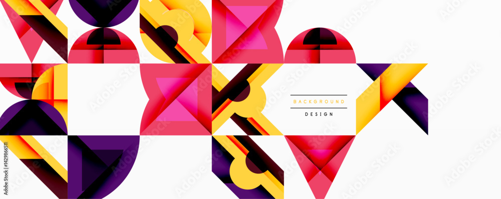 Poster Abstract geometric pattern. Vibrant shapes overlap, creating modern design. Colors include yellow, pink, purple, red. Minimalist aesthetic.