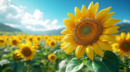 Obraz premium Close-up focus on a single sunflower in a vast field of sunflowers, bathed in bright daylight, with vibrant yellow petals and a clear blue sky, capturing the beauty of nature in full bloom.