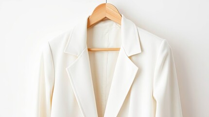 Simple, elegant white blazer hanging on a wooden hanger.