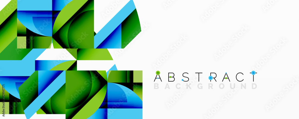 Poster geometric shapes overlap, creating vibrant color gradients. blue, green hues dominate design, modern