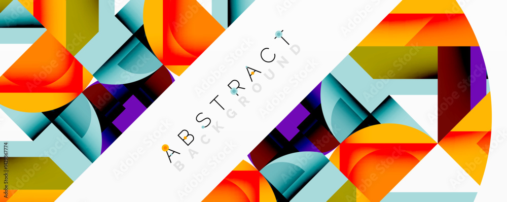 Poster bright geometric shapes overlap, creating dynamic abstract composition. vivid colors dominate design