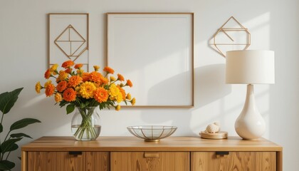 Autumnal Home Decor:  Orange Flowers, Wooden Cabinet, and Elegant Lighting