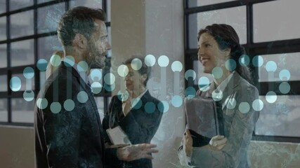 Business professionals discussing DNA data visualization in tech lobby holding portfolio smartphone - Powered by Adobe