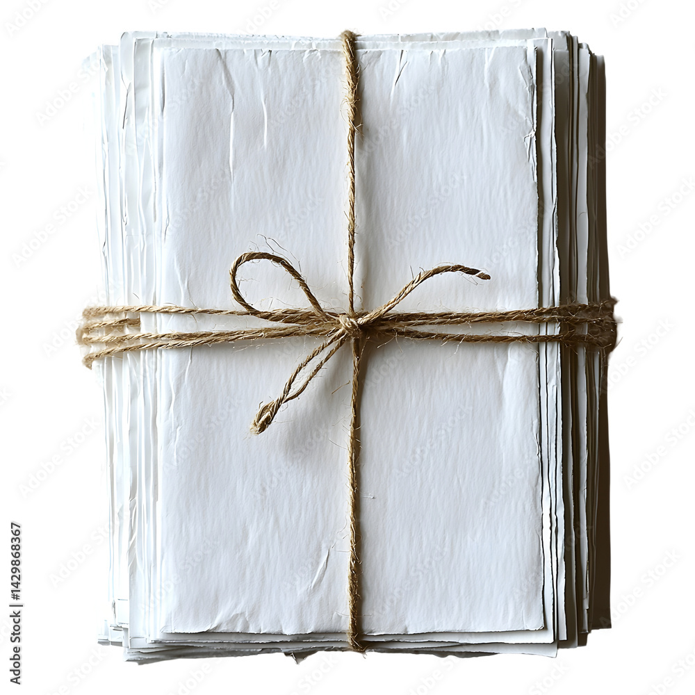 Poster a neatly stacked bundle of plain white paper sheets tied together with simple twine or string center