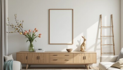 Modern Minimalist Living Room Decor: Light Wood Furniture, Tulips, and Wooden Rabbit