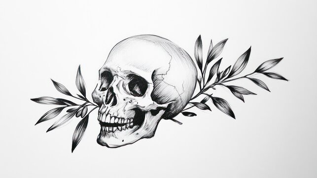 Skull with olive branches on a white background, drawing for anatomy, design