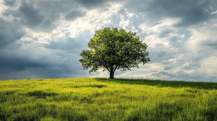Single tree in a grassy field with a dramatic cloudy sky
