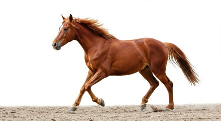Obraz premium Chestnut horse galloping swiftly on white background