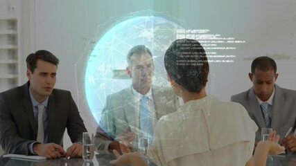 woman presenter gesturing toward holographic globe with network lines, tech team taking notes - Powered by Adobe