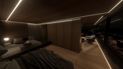 Minimalist master bedroom interior showcasing modern design with ambient lighting