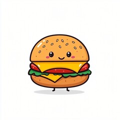 Adorable Cartoon Hamburger Character Smiling Happy Fast Food Illustration