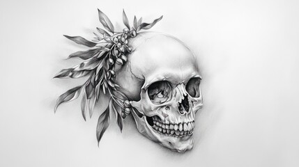 Skull adornment with wreath in dark studio, concept art for Halloween or gothic