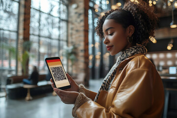 A woman with curly hair checks her smartphone displaying a QR code in a stylish, modern environment.