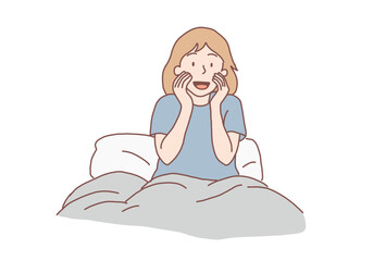 Sleepy happy young woman or girl in good mood getting out of bed or preparing to sleep at home sweet smiling woman enjoying the sunlight early. Hand drawn style vector design illustrations.
