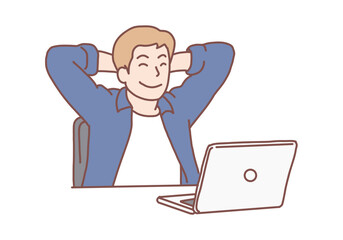 Happy young man working on laptop while sitting at his working place in office. Satisfied with work. Hand drawn style vector design illustrations.