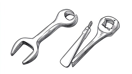 Two wrenches and pliers; workshop tools; white background; repair guide