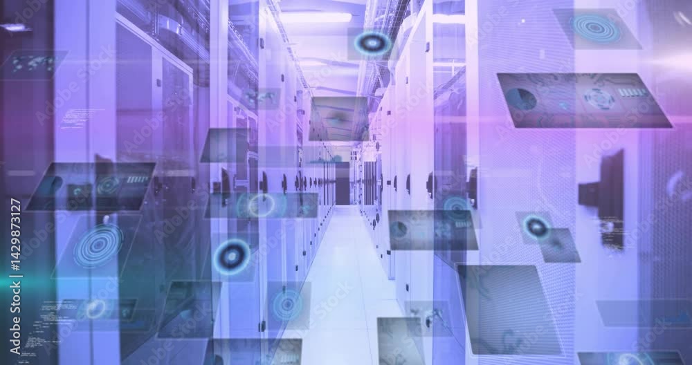 Poster data center corridor running between racks while projecting floating holographic icons in 3d render